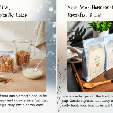 Two-panel image showing GU dried groundnuts being prepared with pap powder in a blender, and GU Pap Powder packs beside a bowl of seeded pap and herbal mint tea on a wooden tray, illustrating a simple hormone-friendly breakfast ritual for PMS and PCOS support.
