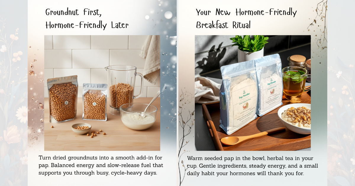 Two-panel image showing GU dried groundnuts being prepared with pap powder in a blender, and GU Pap Powder packs beside a bowl of seeded pap and herbal mint tea on a wooden tray, illustrating a simple hormone-friendly breakfast ritual for PMS and PCOS support.