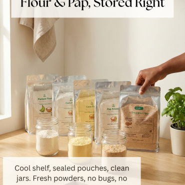 Flours and Pap Stored RIght - Cool shelf, sealed pouches, clean jars. Fresh powders, no bugs, no funny smells.