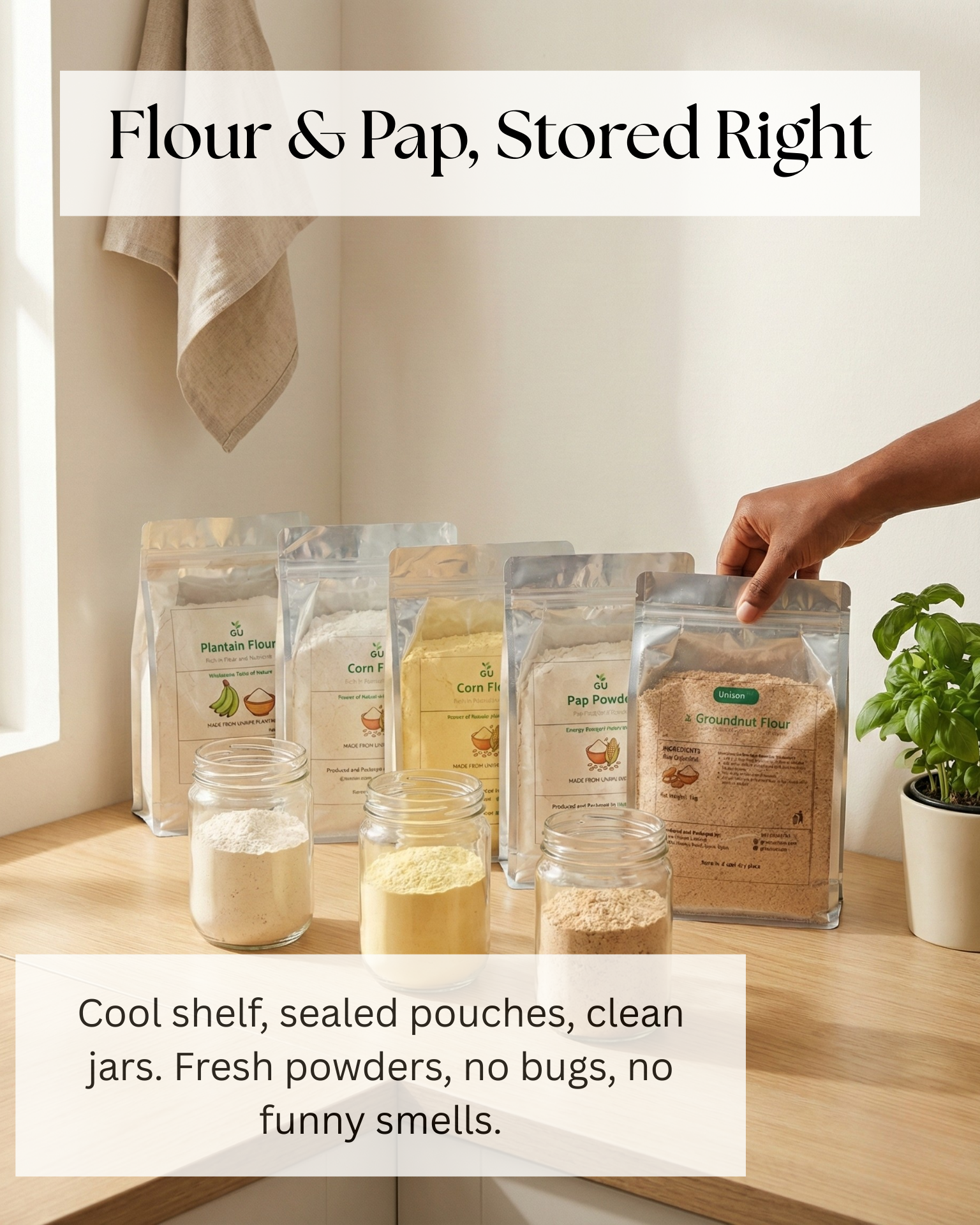 Flours and Pap Stored RIght - Cool shelf, sealed pouches, clean jars. Fresh powders, no bugs, no funny smells.