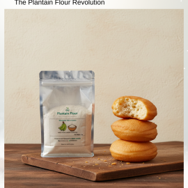 Golden plantain-flour puff-puffs on a tray, one torn open to show an airy crumb with a pack of Green Unison Plantain Flour beside them.